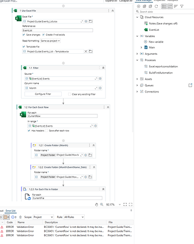 The image shows a UiPath Studio automation workflow that processes an Excel file, filtering data by the "Month" column and generating folders for each row, accompanied by error messages regarding an undeclared variable named 'CurrentRow.' (Captioned by AI)