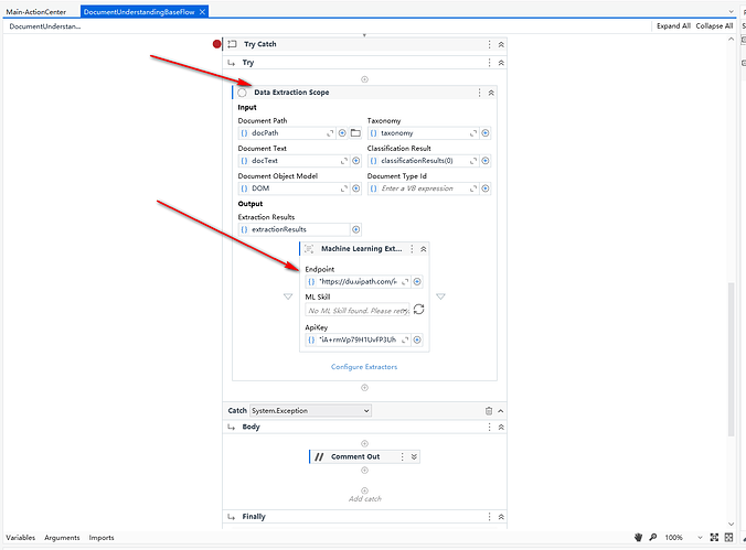 A user interface screenshot of the Document Understanding process in UiPath, highlighting the Data Extraction Scope and Machine Learning Extractor configuration. (由 AI 生成标题)