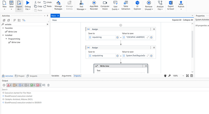 The image shows a UiPath Studio workflow with activities that assign input and output strings and a Write Line activity to print the output, displayed alongside its execution result in the Output pane. (Captioned by AI)