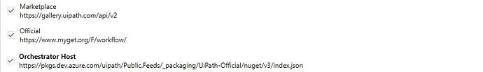 The image shows a list of URLs with checkboxes marked next to "Marketplace," "Official," and "Orchestrator Host." (Captioned by AI)