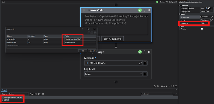 The image displays a programming interface where VB.Net code is being invoked, showing arguments for an operation and an output section with a debug message including a calculated string value. (Captioned by AI)