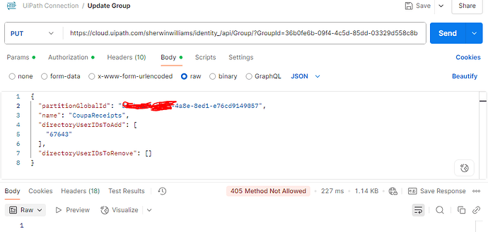 This image shows a REST API call in Postman for updating a group in UiPath with a method not allowed error response. (Captioned by AI)