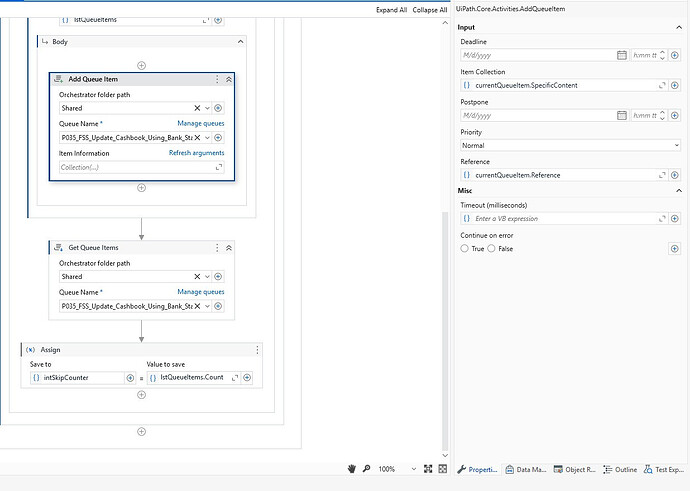 This image shows a section of a UiPath workflow involving activities to add and retrieve queue items, with details of queue name and settings displayed on the side panel. (Captioned by AI)