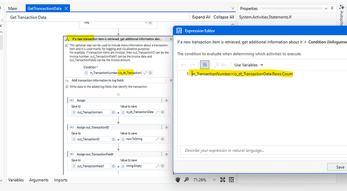 The image shows a UiPath workflow design interface with an Expression Editor screen where a condition for transaction data retrieval is being configured. (Captioned by AI)
