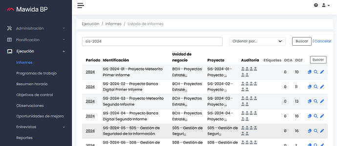 The image shows a dashboard interface of software, displaying a list of reports under execution for the year 2024, with details like identification, business unit, project, and audit information. (Captioned by AI)