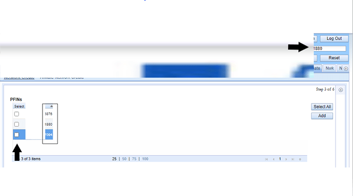 The image shows a section of a user interface with options to select and manipulate PFINS, including a drop-down menu, checkboxes, and buttons for logging out, resetting, and adding selections. (Captioned by AI)