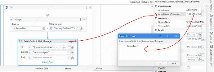 The image shows a workflow in UiPath Studio where the "Send Outlook Mail Message" activity is configured to attach files from a directory specified by the variable "FolderFiles." (Captioned by AI)