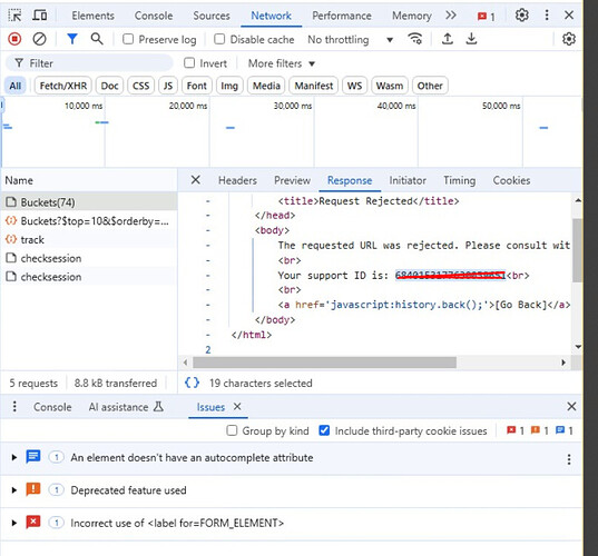 The screenshot showcases a browser's developer tools 'Network' tab displaying a rejected URL response with detailed information and associated support ID. (Captioned by AI)