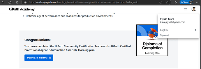 A certificate completion page from UiPath Academy congratulates the user for finishing a certification learning plan, with an option to download the diploma. (Captioned by AI)