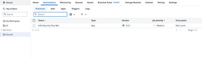 The image shows a user interface screen of an automation platform, highlighting a process named "Info Security Chat Bot" under the "Automations" tab. (Captioned by AI)