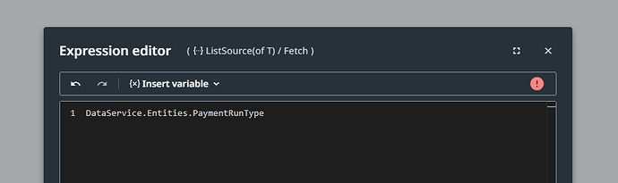 The image displays a software interface showing an Expression Editor dialog with code referencing DataService.Entities.PaymentRunType. (Captioned by AI)