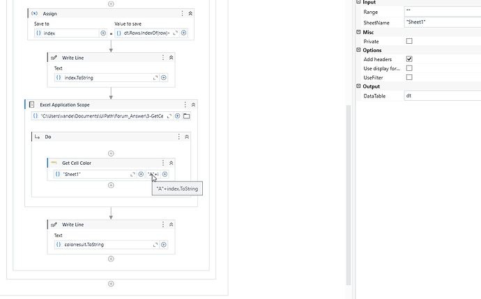 This image shows a UiPath workflow for iterating through rows in a DataTable, getting the row index, and fetching the color of a specific cell in an Excel sheet using the calculated index. (Captioned by AI)