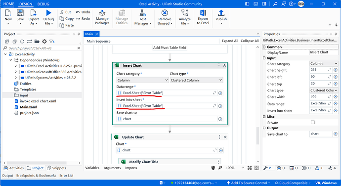 This screenshot shows a UiPath Studio workflow for inserting an Excel chart, highlighting the settings for data range and sheet insertion. (由 AI 生成标题)