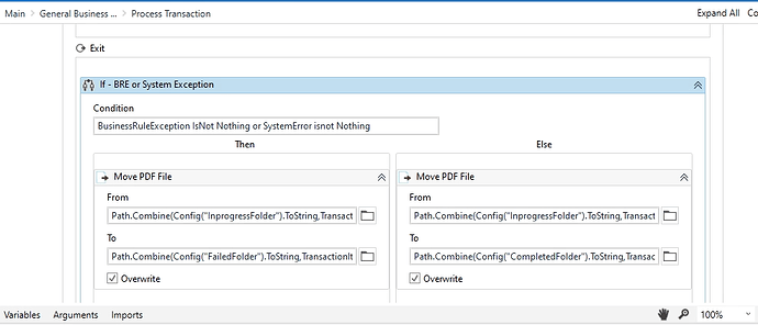 This image shows a conditional step in an automation process that moves PDF files to different folders based on whether a Business Rule Exception or System Exception occurs. (Captioned by AI)