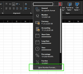A dropdown menu in Excel displaying various number formats with the option to access more number formats at the bottom highlighted in green. (Captioned by AI)