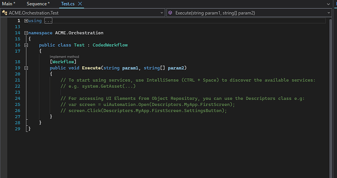 The image shows a coding interface displaying a C# code snippet intended for orchestrating workflows with usage comments and IntelliSense integration. (Captioned by AI)