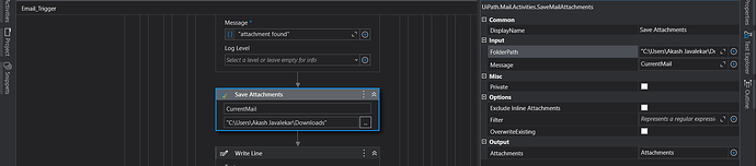 The image shows a UiPath workflow for saving email attachments to a specified folder path on a user's computer. (Captioned by AI)