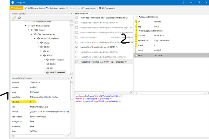 The image shows the UI Explorer tool of UiPath with various elements and properties of a selected web control, highlighting the "checked" property set to "1" and the "type" set as a "checkbox". (Captioned by AI)