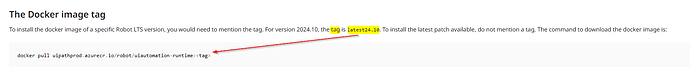The image displays instructions on using specific Docker tags when pulling a Robot LTS version image, with an example command and highlighted text. (Captioned by AI)