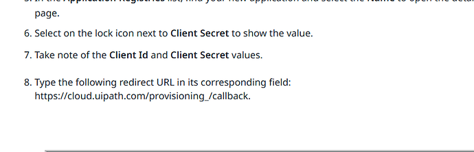 The image provides steps for managing Client Id and Client Secret values and specifies a redirect URL for UiPath provisioning. (Captioned by AI)