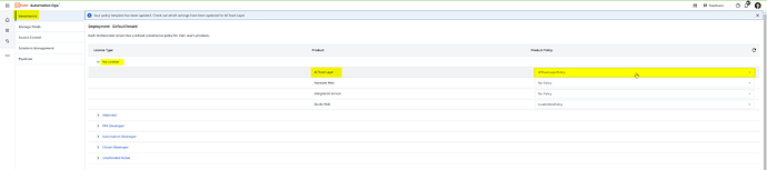 This image shows the Governance section of the UiPath Automation Ops dashboard, displaying default tenant deployment with various license types and associated policies, where "AI Trust Layer" has a selected product policy. (Captioned by AI)