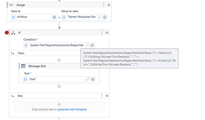 The image depicts a workflow process in a software automation tool, where a string value assignment and conditional expressions with regular expressions are utilized to determine actions in 'Then' and 'Else' branches. (Captioned by AI)