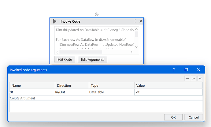 A UI automation interface showing the configuration of an "Invoke Code" activity with an argument named "dt" of type DataTable set to In/Out direction. (Captioned by AI)