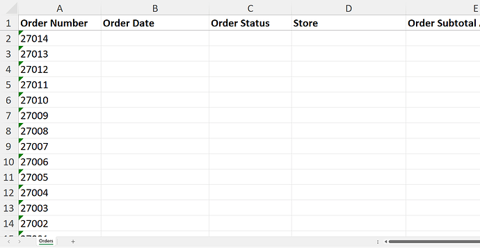 A spreadsheet displaying a list of order numbers in column A, with no data entered in the adjacent columns for order date, order status, store, and order subtotal. (Captioned by AI)