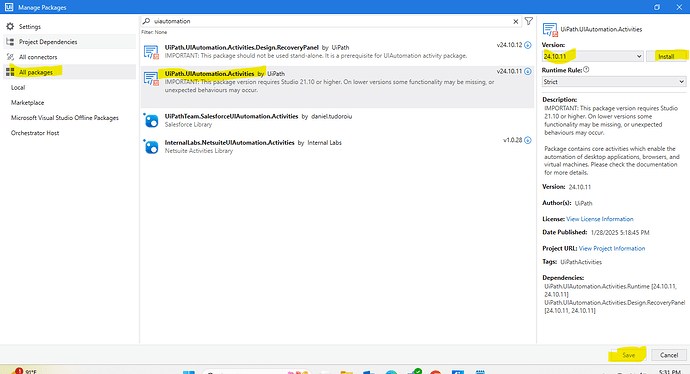 The screenshot shows the installation interface of the UiPath.UIAutomation.Activities package version 24.10.11 in the UiPath package manager. (Captioned by AI)