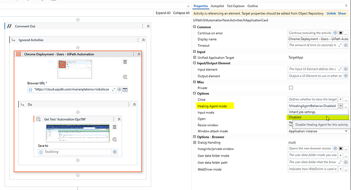 The image showcases UiPath automation settings with activities configured for a Chrome browser deployment, featuring properties and options such as Healing Agent mode and input/output elements. (Captioned by AI)
