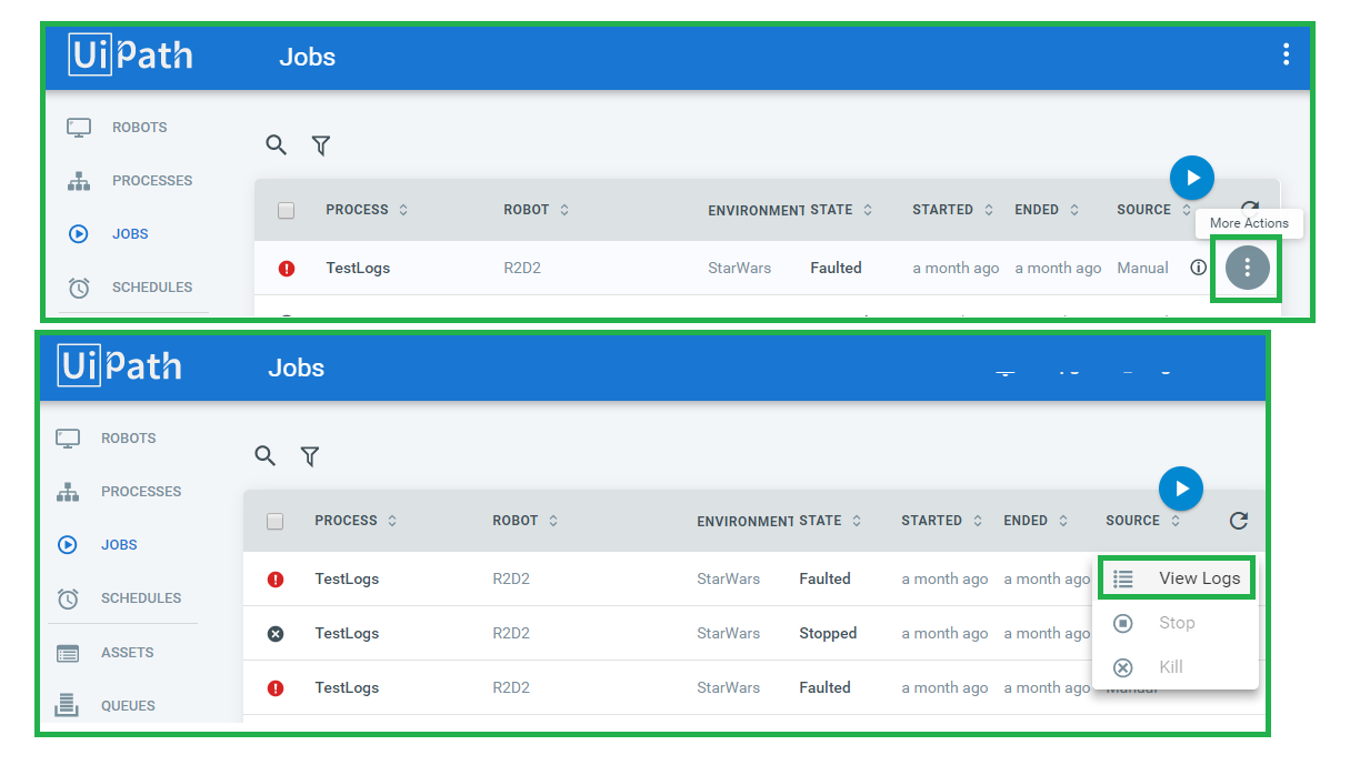 Finding the more options button in Orchestrator in the Jobs section