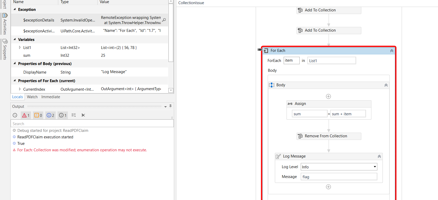 Unable to remove item from Integer List (Collection activity ) under