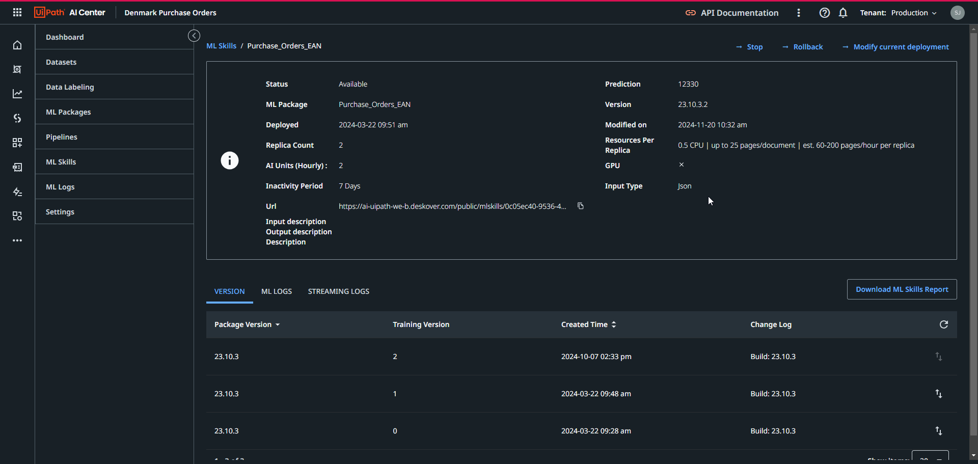 AI Center modify ML Skill