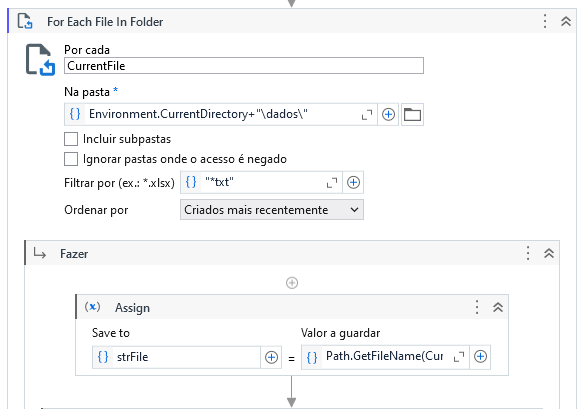 This image shows a workflow configuration for iterating over each text file in a specified directory, sorting by most recently created, and assigning each file's name to a variable. (Captioned by AI)