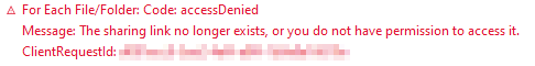 The image shows an error message indicating "accessDenied" due to a non-existing sharing link or lack of permission, along with a partially obscured ClientRequestId. (Captioned by AI)