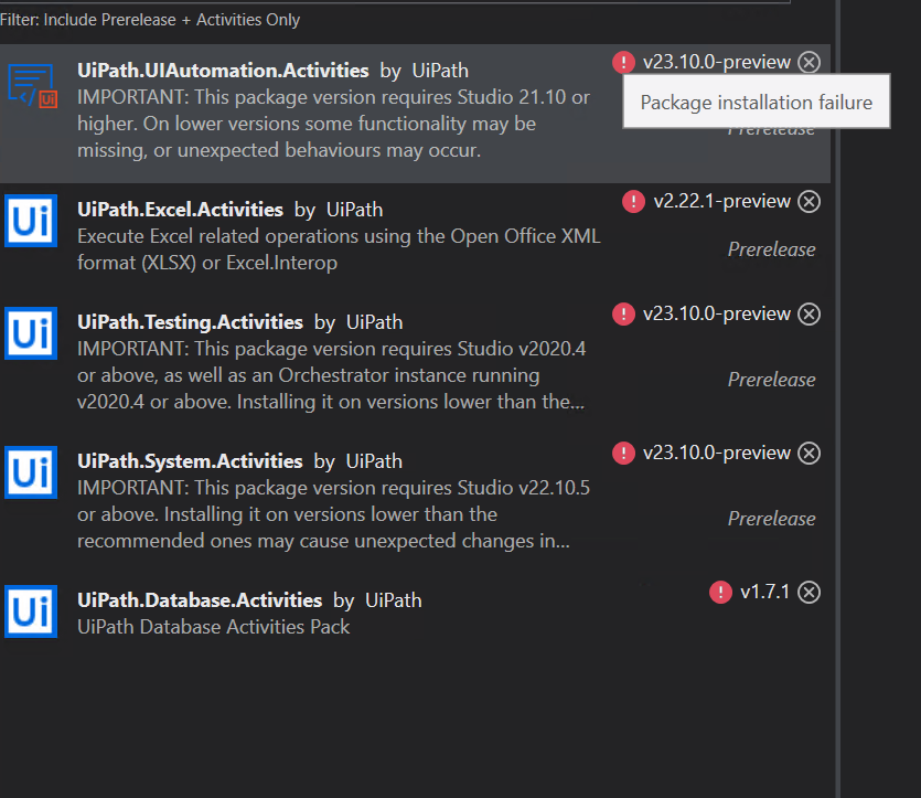 Uipath error when updating or installing a new packages Studio
