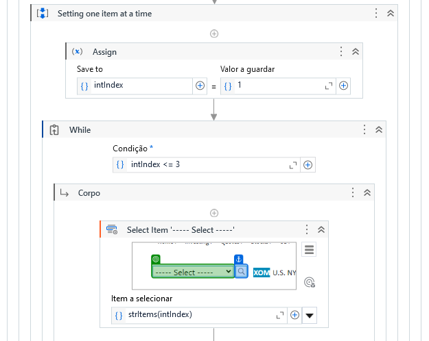 The image depicts a workflow diagram involving an assignment of a variable and a while loop that selects an item based on an index, incrementing until the index reaches three. (Captioned by AI)