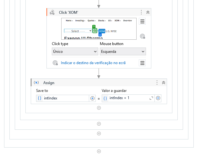The image is of an automated workflow in a visual programming interface that clicks on an "XOM" button and then increments a variable called "intIndex" by one. (Captioned by AI)