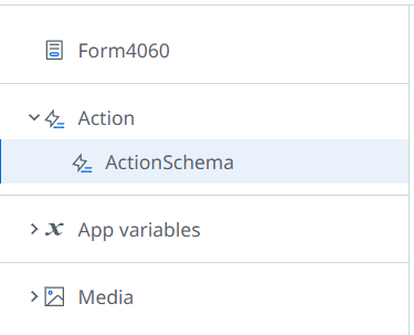 The image shows a section of a user interface with a highlighted "ActionSchema" item under the "Action" category, alongside "Form4060," "App variables," and "Media" categories. (Captioned by AI)