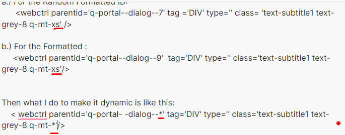 The image shows examples of HTML-like code snippets with dynamic and formatted IDs using wildcard characters. (Captioned by AI)