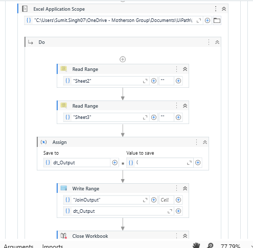 This image displays an Excel Application Scope workflow in UiPath, where data is read from "Sheet2" and "Sheet3," assigned to a data table, and then written to the "JoinOutput" sheet before closing the workbook. (Captioned by AI)
