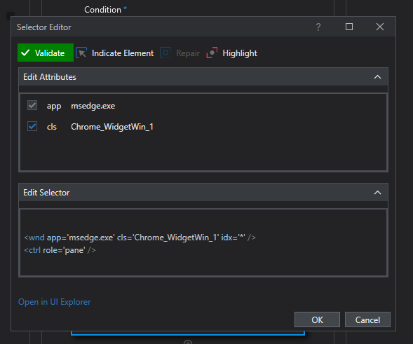 The image shows a Selector Editor window with attributes for the application "msedge.exe" and the class "Chrome_WidgetWin_1" highlighted and validated. (Subtitulado por IA)