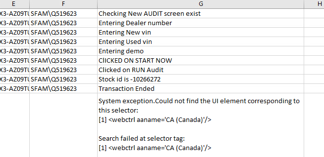 The image shows a log in an Excel sheet of an automated process sequence that results in a system exception due to the inability to find a specific UI element. (Captioned by AI)