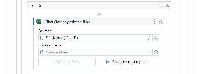 The image shows an Excel automation setup for filtering data, specifically configured to clear any existing filter on "Plan1". (Captioned by AI)