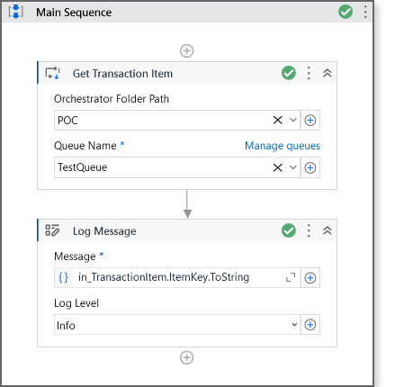 The image shows a workflow sequence in UiPath that retrieves a transaction item from an orchestrator queue named "TestQueue" in the folder "POC" and logs the transaction item's key. (Captioned by AI)