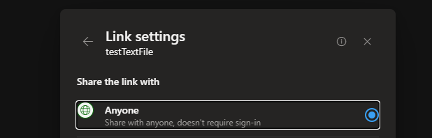 A screenshot of "Link settings" for a file named "testTextFile" showing that the sharing option is set to "Anyone," allowing access without sign-in. (Captioned by AI)