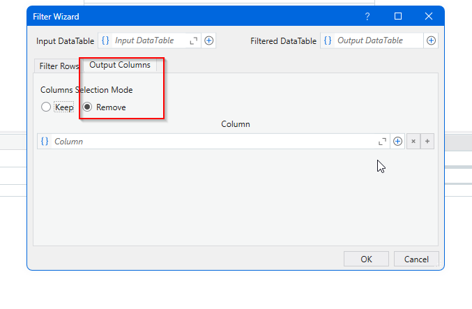 The image shows the "Filter Wizard" window with the "Output Columns" tab selected and the "Remove" option chosen under "Columns Selection Mode." (Captioned by AI)