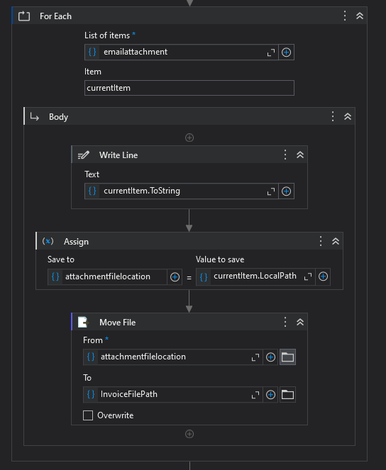 The image shows a workflow for processing email attachments, which includes writing the attachment name, assigning its local path to a variable, and moving the file to a specified invoice file path. (Captioned by AI)