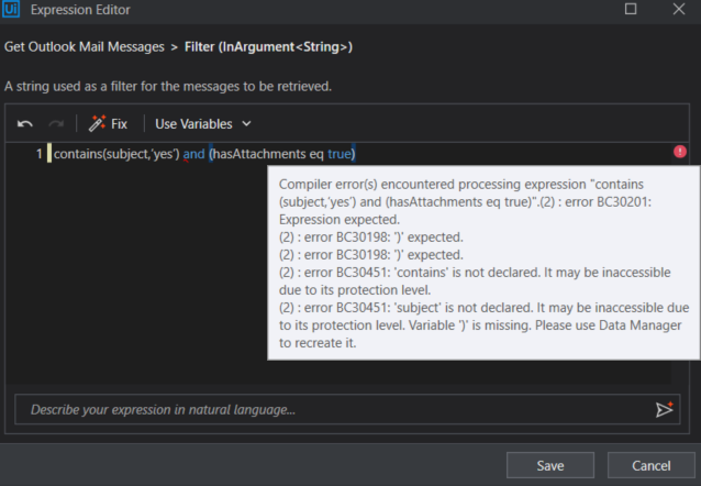 The image shows a UIPath Expression Editor with an error message indicating issues with the filter expression syntax for retrieving Outlook Mail messages. (Captioned by AI)
