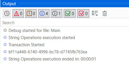 The image displays the output of a debugging session, indicating that a string operations execution was started and completed successfully within one second, along with a transaction ID. (Captioned by AI)